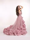 Beautiful Lady in luxury lush pink dress. Fashion brunette woman Royalty Free Stock Photo