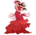 Beautiful lady in red dress with rose flowers in hair dancing oriental moves