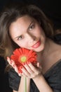 Beautiful lady with red gerber. Portrait