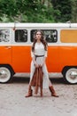 Beautiful lady standing near retro car. Royalty Free Stock Photo