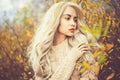 Beautiful lady surrounded autumn leaves Royalty Free Stock Photo