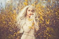 Beautiful lady surrounded autumn leaves Royalty Free Stock Photo