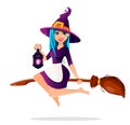 Beautiful lady witch flies on broomstick Royalty Free Stock Photo