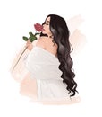 Beautiful lady wth wavy long hair holding rose flower