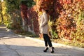 Beautiful ladylike woman in elegant clothes posing in autumn park