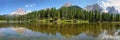 Beautiful Lago Di Antorno lake at background Drei Zinnen Tre Cime di Lavaredo mountain, Dolomites alps, Italy