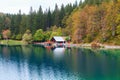 Beautiful Lago di Fusine the mountain lake and Mangart mountain