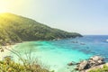 beautiful lagoon of the blue sea near the coast with mountains. A tourist beach with white sand. Royalty Free Stock Photo