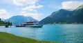 Beautiful lake Achensee, jetty and passenger liner. Seebergspitze mountain. tirolean landscape Royalty Free Stock Photo