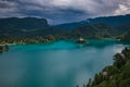 Beautiful Lake Bled in the Julian Alps and Assumption of Mary Church, Slovenia. Mountains, Old church in the middle of the lake an