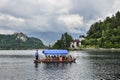 Beautiful Lake Bled in the Julian Alps and old wooden boat. Mountains, clear aquamarine water, tourist boat, lake and dramatic