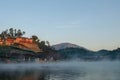 Beautiful lake with foggy on water in morning time at ban rak thai chinease refugee village at Mae Hong Son