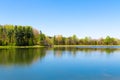 Beautiful lake with forest reflection on sunny spring day. Royalty Free Stock Photo