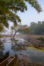 Beautiful lake landsacape with boat trees and lotus flower cultivation Royalty Free Stock Photo