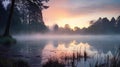 Beautiful lake with mist rising and dawn light