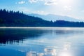 Beautiful lake with mountains in the background at sunrise.