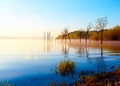 Beautiful lake with mountains in the background at sunrise. Trees in water and morning fog. Royalty Free Stock Photo