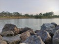 A beautiful lake with piles of rocks