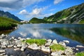 The beautiful lake Przedni Staw and the mountain lodge Schronisko Piec Stawow in the High Tatras, Poland Royalty Free Stock Photo