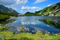 The beautiful lake Przedni Staw and the mountain lodge Schronisko Piec Stawow in the High Tatras, Poland Royalty Free Stock Photo