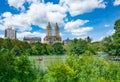 Beautiful lake with raw boats on summer morning in New York City  Central Park Royalty Free Stock Photo