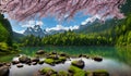 Beautiful lake with waterfall, green forest, paradisiacal image, Generated by AI