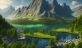 Beautiful lake with rocks and mountains, green forest, paradisiacal image, Generated by AI