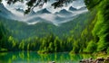 Beautiful Lake with rocks, mountains , green forest, paradisiacal image, Generated by AI