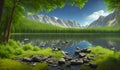 Beautiful lake with rocks and mountains , green forest, paradisiacal image, generated by AI