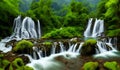 Beautiful Lake with rocks and waterfall, green forest, paradisiacal image, Generated by AI