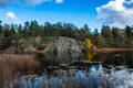 Beautiful lake or sea bay rocky shore on sunny autumn day. Water lily leaves cover the surface of water. Fall season landscape. Royalty Free Stock Photo