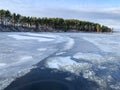 Beautiful lake Seliger in warm winter, open water. Russia, Tver region, Ostashkov city Royalty Free Stock Photo