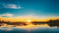 Beautiful Lake On Sunrise. Sunset Landscape With Pond River. Royalty Free Stock Photo