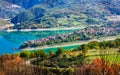 beautiful lake Turano and village Colle di tora. Rieti province, Italy