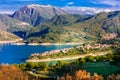 beautiful lake Turano and village Colle di tora. Rieti province, Italy