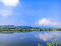 beautiful lake view in the morning against the background of clouds and blue sky Royalty Free Stock Photo