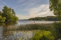 Beautiful lake view with motor boat on blue sky with white clouds background. Beautiful summer nature backgrounds.  Sweden, Royalty Free Stock Photo