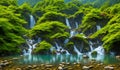 Beautiful lake with waterfall, green forest, paradisiacal image, Generated by AI