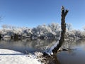 Lakeside scene in winter with a tree stump partially covered in snow