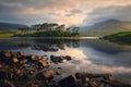 Beautiful lakeside sunrise landscape scenery of Twelve pines Island surrounded by mountains at Connemara national Park, Royalty Free Stock Photo