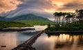 Beautiful lakeside sunrise landscape scenery of Twelve pines Island surrounded by mountains at Connemara national Park, Royalty Free Stock Photo