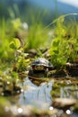 Beautiful land turtle in green grass habitat near tranquil puddle wildlife scenery