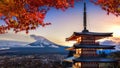 Beautiful landmark of Fuji mountain and Chureito Pagoda in autumn, Japan