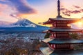 Beautiful landmark of Fuji mountain and Chureito Pagoda at sunset, Japan Royalty Free Stock Photo