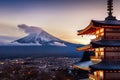 Beautiful landmark of Fuji mountain and Chureito Pagoda at sunset, Japan