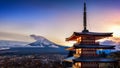 Beautiful landmark of Fuji mountain and Chureito Pagoda at sunset, Japan