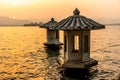 The Beautiful landsape sunset with Stone lantern at the West lake in hangzhou China Royalty Free Stock Photo