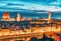 Beautiful landscape above, panorama on historical view of the Florence from  Piazzale Michelangelo point. Night time.Italy Royalty Free Stock Photo