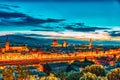 Beautiful landscape above, panorama on historical view of the Florence from  Piazzale Michelangelo point. Night time.Italy Royalty Free Stock Photo