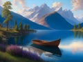 Mountain Lake Serenity: Boat on Softly Lit Waters Royalty Free Stock Photo